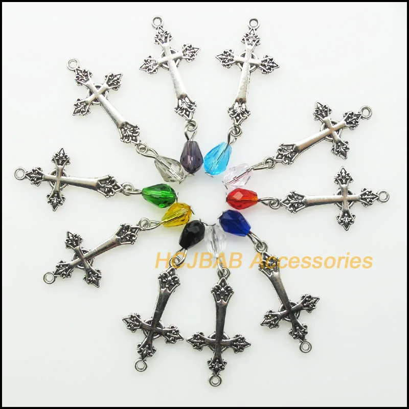 

10 New Cross Leaves Plant Charms Tibetan Silver Plated Pendants Mixed Teardrop Crystal 16x31mm