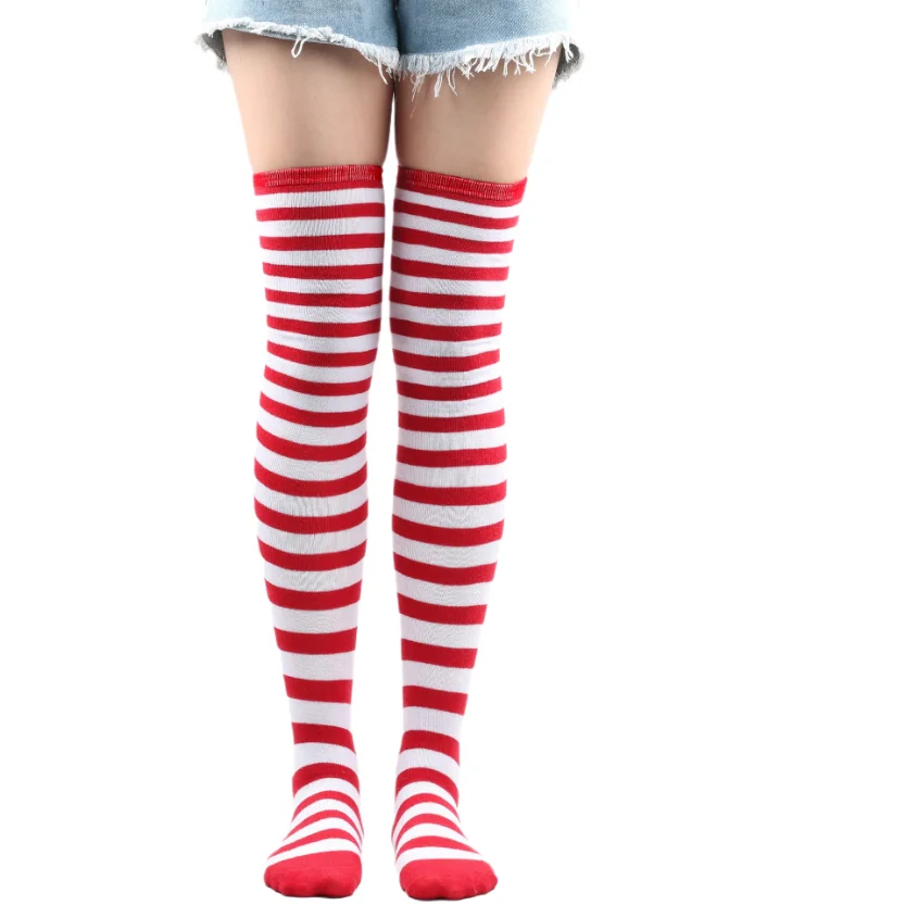 Long Socks Ladies Thigh High Stockings Women Winter Warm Girls White Striped Over Above Knee Sock Christmas Cosplay 2023 New In