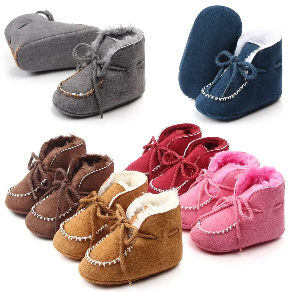 

0-18M Infant Newborn Baby Girl Winter Snow Boot Solid Color Fleece Lining Thick Suede Boot with Nonslip Rubber Sole Fur Booties