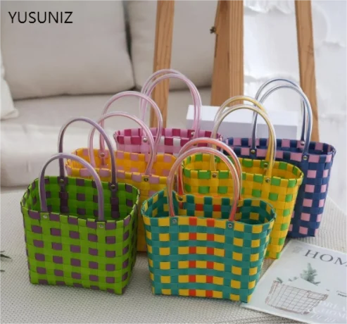 

YUSUNIZ New Handbag Hand Woven Bag Portable Basket Bag Women Candy Color Block Bag Leisure Beach Bag Bucket Hand Gift Small Bags