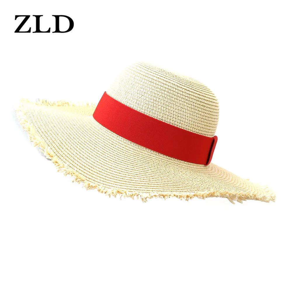 

ZLD Summer Sun Hats for Women Fashion Raw Edge Dome Straw Hat Wide Brim Cap Unisex Panama Hat Contracted Style with Color Ribbon