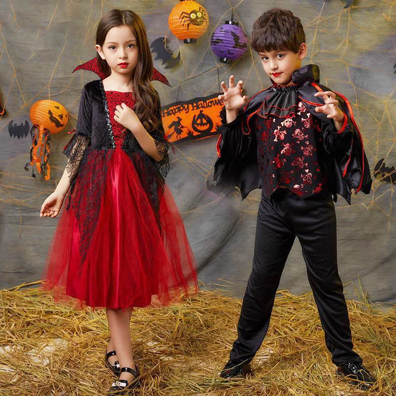 

New Halloween Cosplay Children's Gauze Birthday Party Vampire Princess Dress Scary Girl Ghost Clothes Scary Vampire Cape Costume