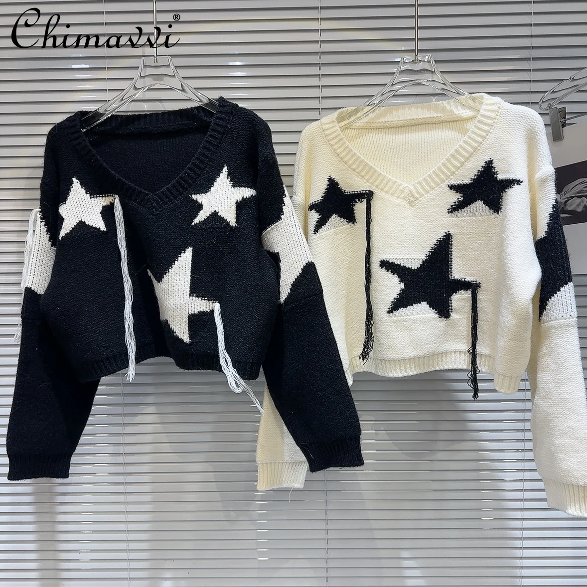 

Женский свитер, зимняя одежда, новинка 2023, Модный пуловер из грубой пряжи с контрастным узором, свободный популярный Вязаный топ для девочек, свитера