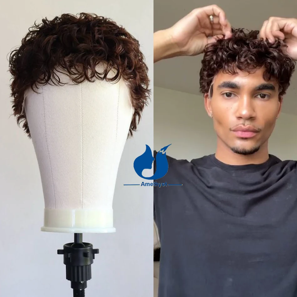 Фото Мужской парик из натуральных волос Amethyst Brazilian Dark Brown Curly Short Cut, предварительно причесанный, с полной кружевной основой, из волос Реми. №1