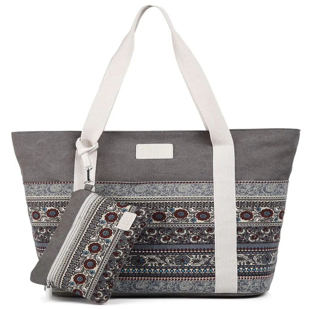 Beach Bag  Canvas Tote Bag Womens Shoulder Handbag with Purse (Gray)