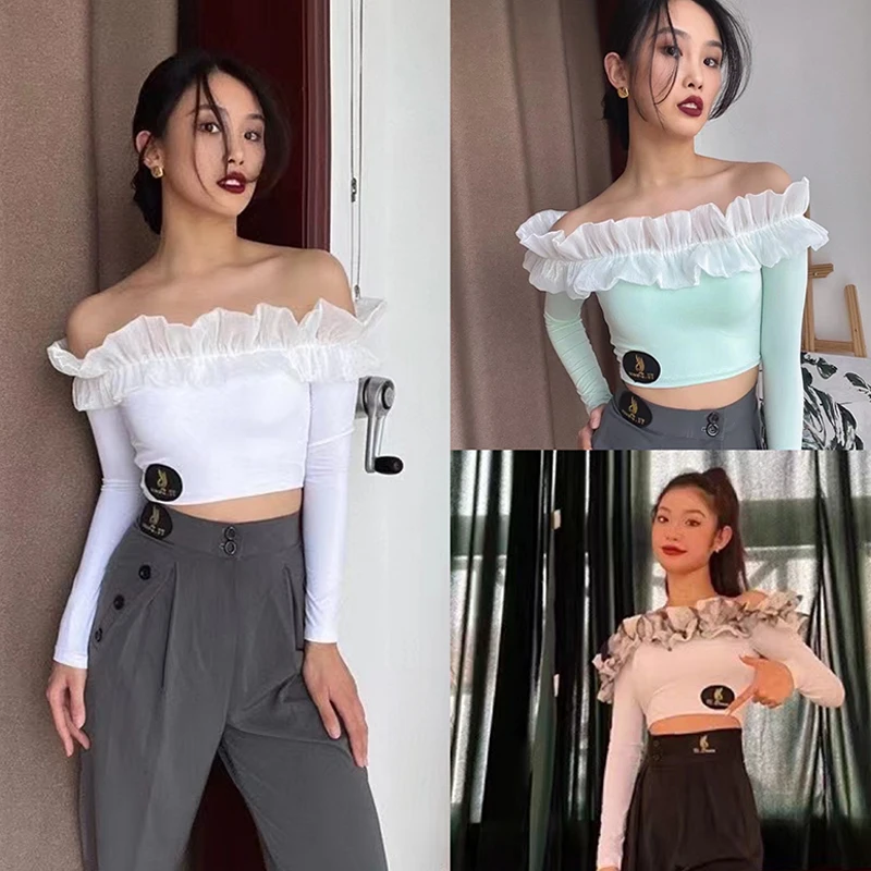 

New Modern Dance Bubble Long Sleeve Off Shoulder Tops Chacha Rumba Tango Dress Adult Female Latin Dance Practice Clothes DN15507