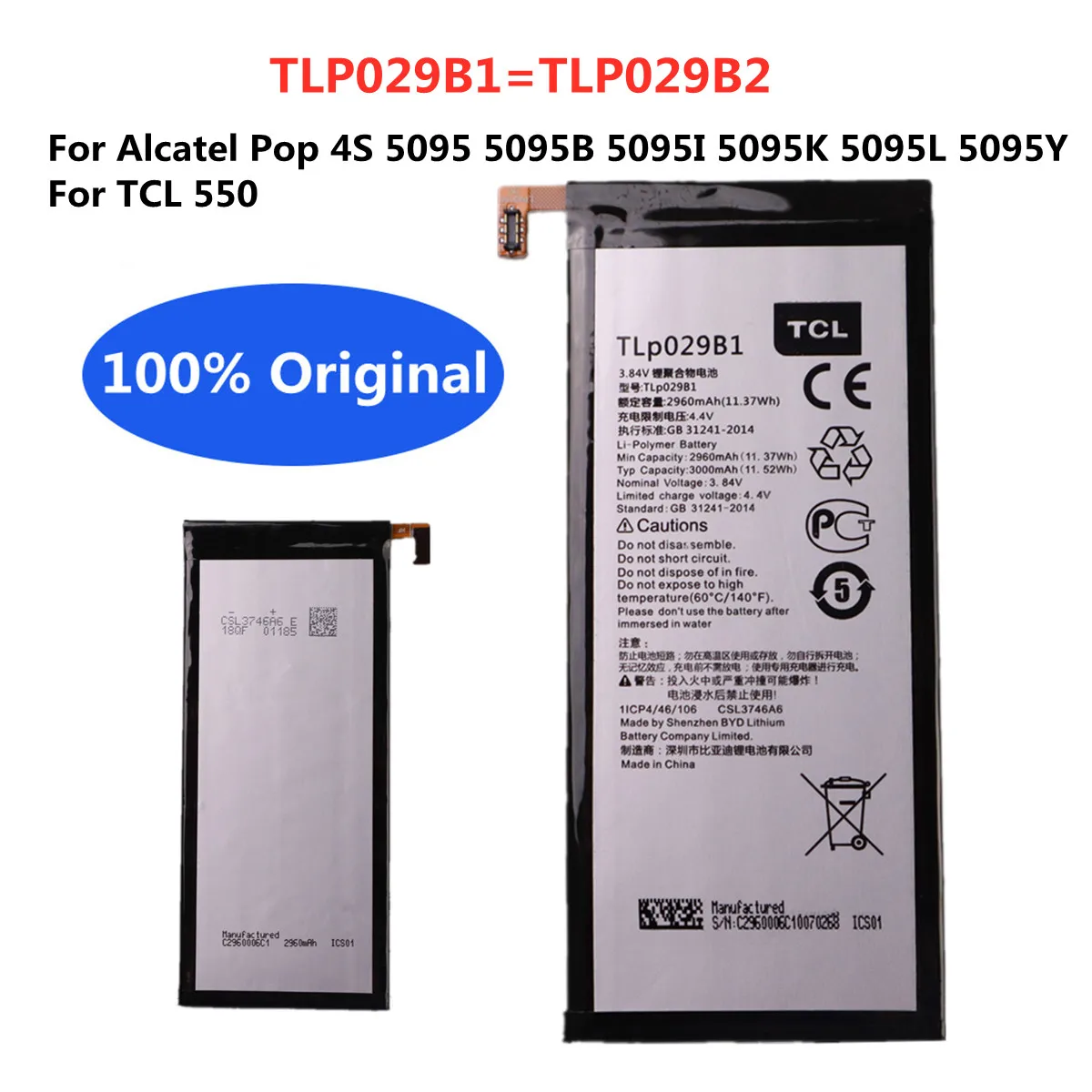 

100% Original 3000mAh TLp029B2 TLp029B1 For Alcatel Pop 4S 5095 5095B 5095I 5095K 5095L 5095Y TCL 550 Replacement Phone Battery