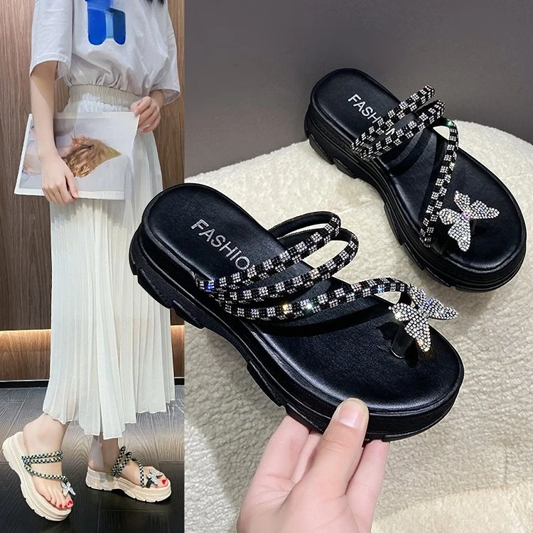 

Ladies Flat Slippers Summer Platform High Heels Crystal Sandals Designer Beach Bows 2022 Slingback High Heels Women's Shoes