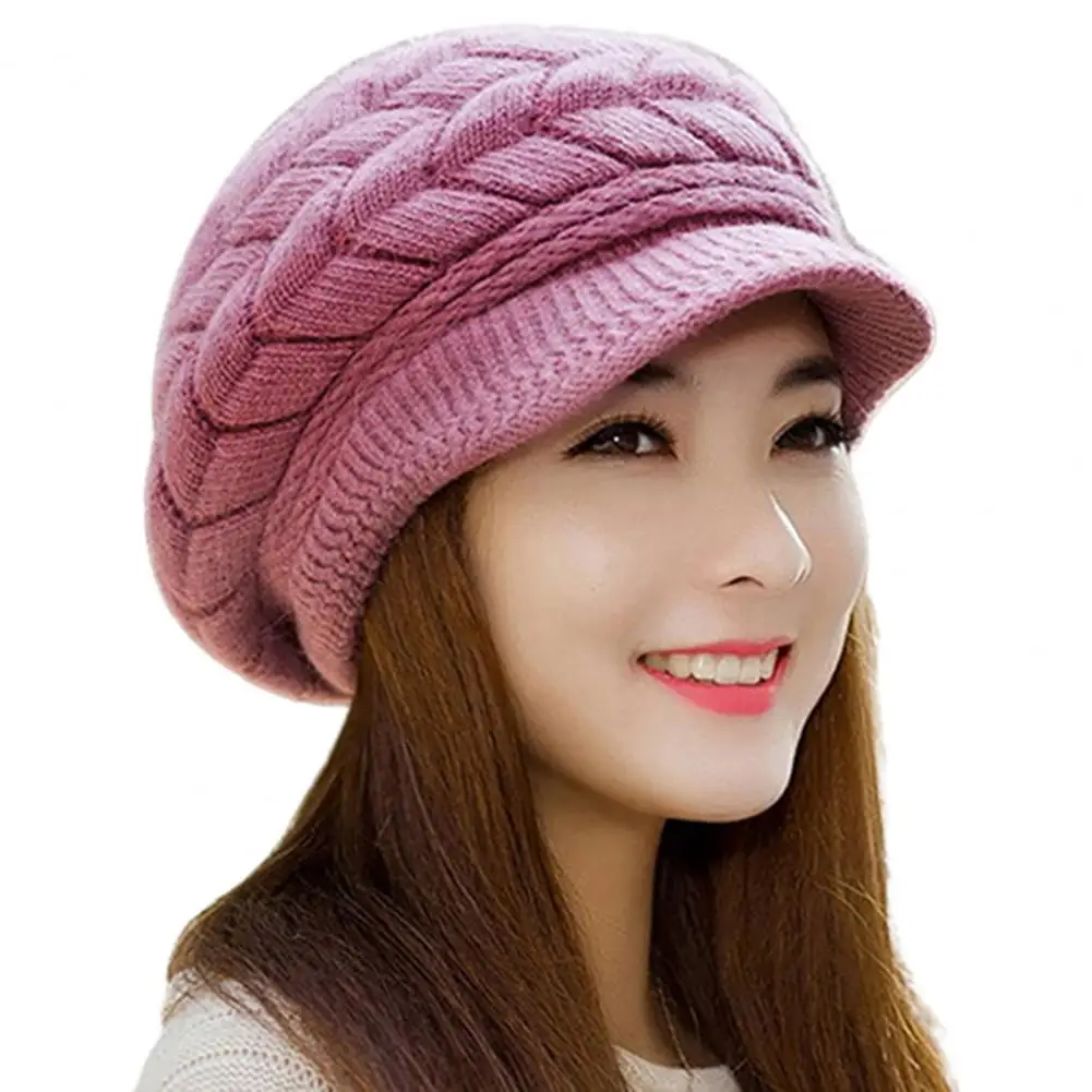 

Knitted Hat Warm Flat Brim Shape Faux Rabbit Fur Fashion Women Cold Hat for Cold Weather