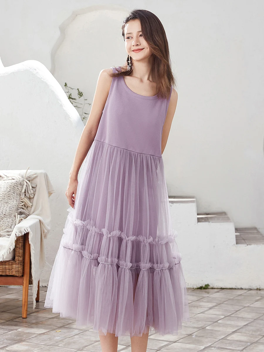 [В наличии Купить 3 бесплатно] Elevenrain Фиолетовое платье без рукавов Сетчатая юбка