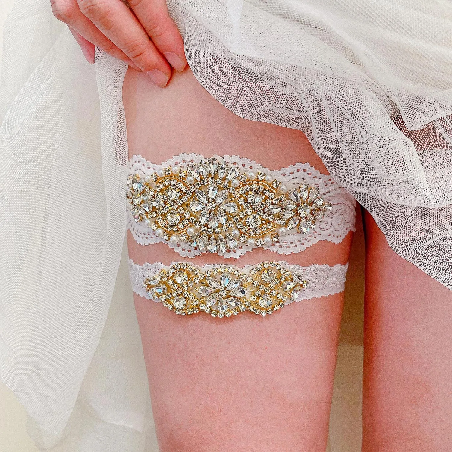 

Rhinestones Crystals Wedding Garter Gold Color Crystal Bridal Lace Garter for Party Dresses Bridesmaid Gift