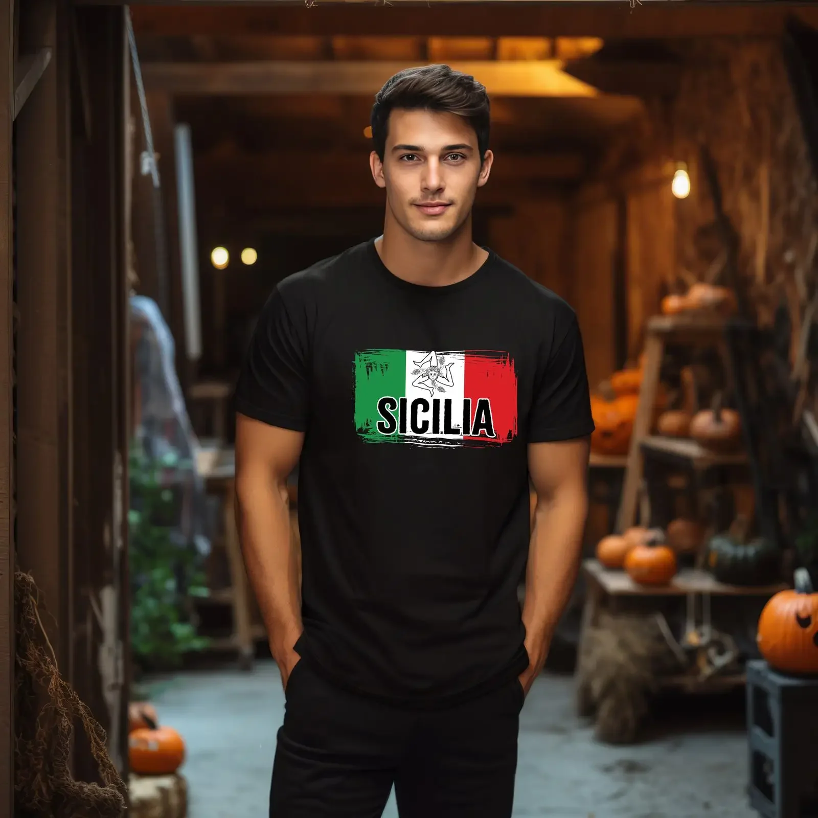 Фото Футболка Sicilia с итальянским флагом Trinacria, винтажная, мягкая, эластичная, стильная, для повседневной носки, уличный стиль, кэжуал. №1