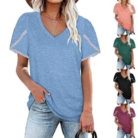 womens t shirt v neck short sleeve casual loose soft stretch summer lace womens tops