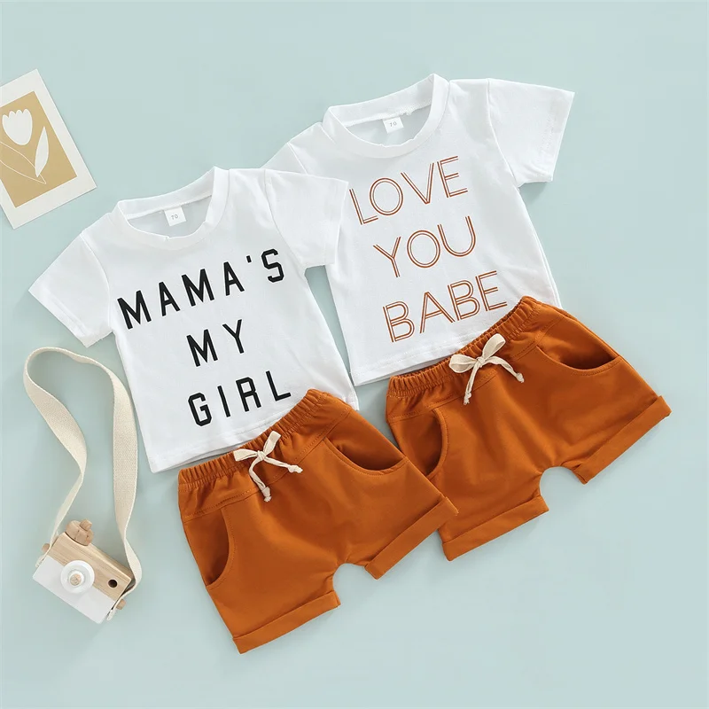 

Children's Summer Casual Set Short Sleeve Letters Print T-shirts Tops + Solid Elastic Waistband Shorts 2 Piece Set