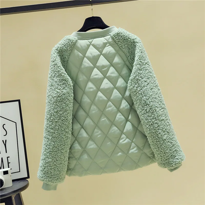 Women's 2023 New Autumn Winter Cotton Clothes Imitation Wool Lamb Stitching Small Cotton-padded Jacket Female Short Fashion Coat