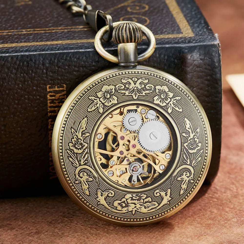Retro Bronze Mechanical Pocket Watch Roman Numerals Dial Skeleton Unique Design Luxury Mens Mechanical Pocket Watches With Chain