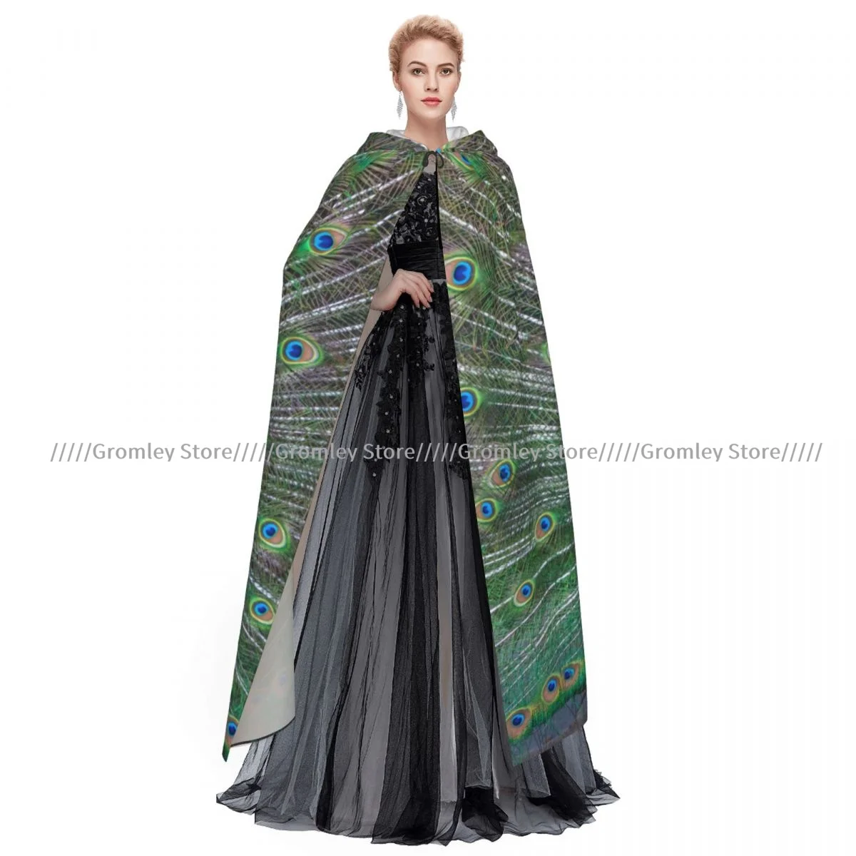 Длинный халат с капюшоном Witch павлин перьями плащ на Хэллоуин косплей-костюмы для