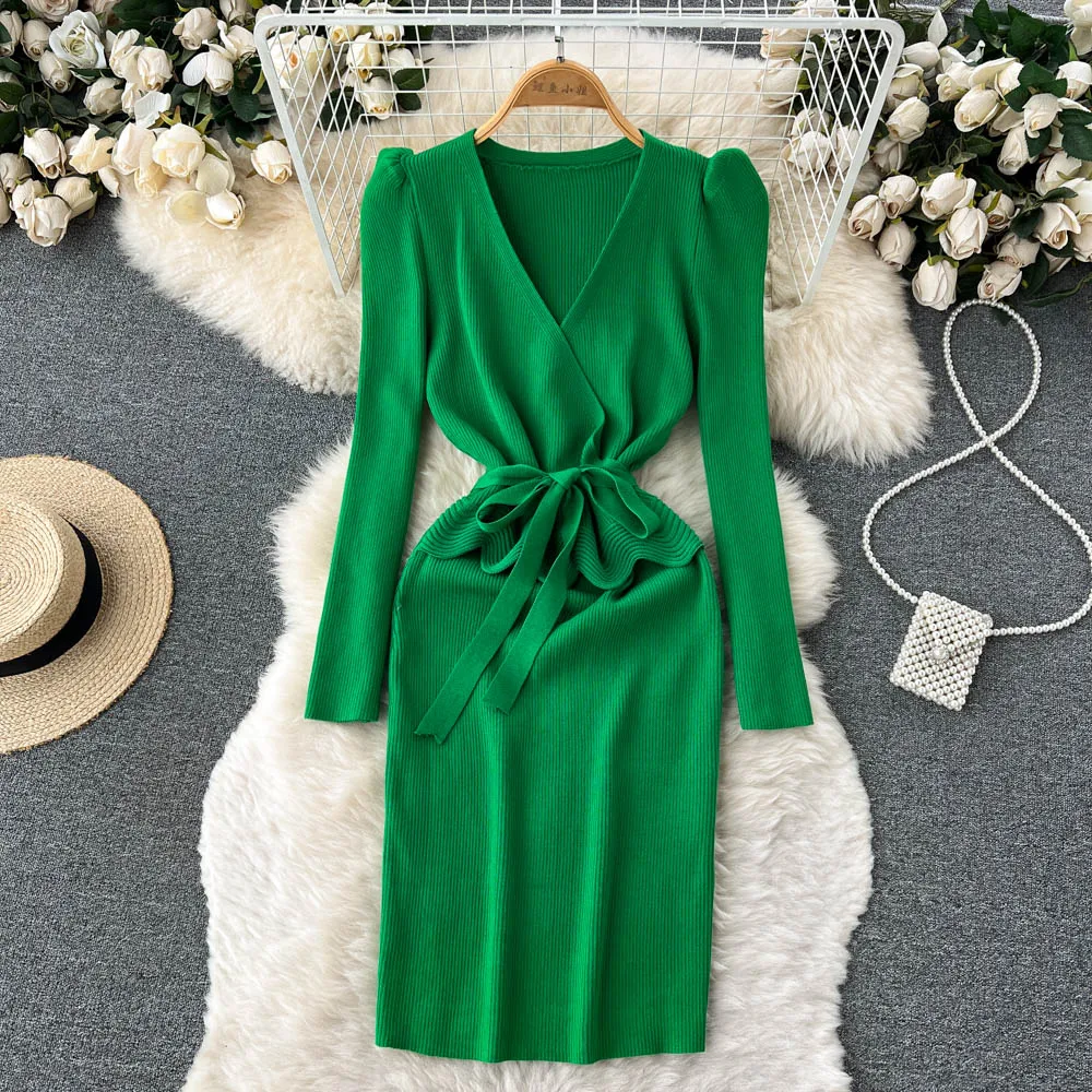 

Women Long Sleeve V Neck Sexy Knit Bodycon Dress Chic Vintage Lace Up French Fashion Vestidos Party Elegant Fashion Dresses Y2k