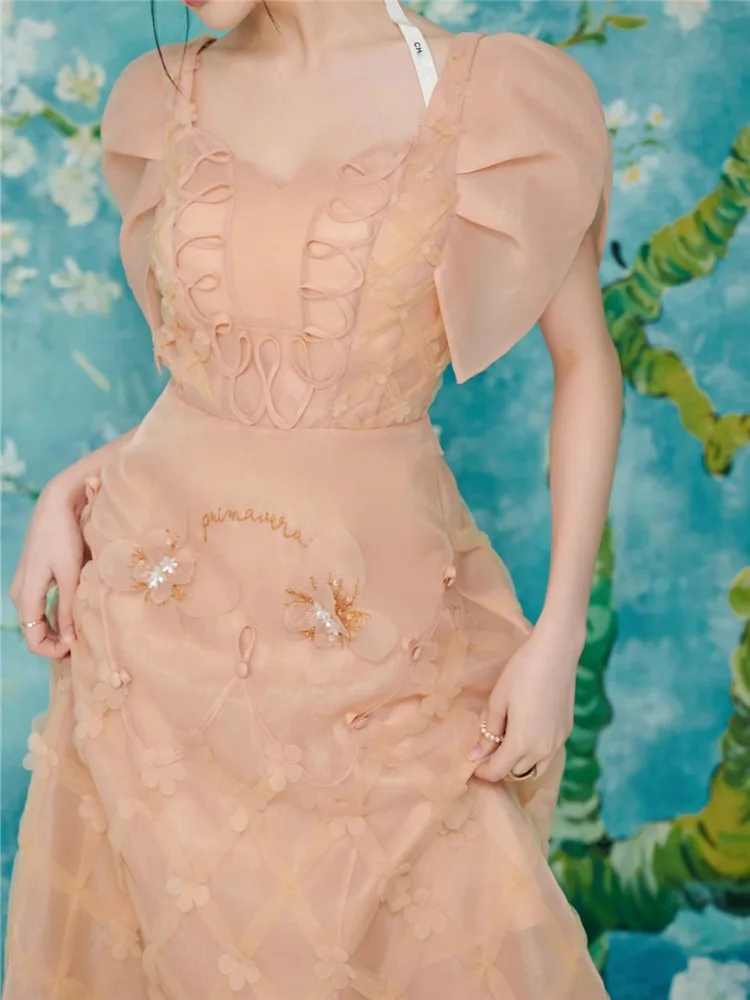 

Runway A-Line Short Sleeve Lace 2022 Summer Vintage Sexy Mesh Elegant Print Party Floral Boho Embroidery Dresses for Women Chic