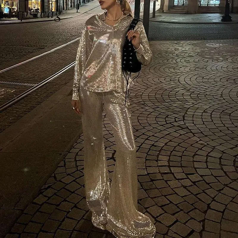 

Sexy Bling Shiny Set Clubwear Fashion Long Sleeve Blouse Tops And Flare Pants Outfits Elegant Women Turndown Collar Shirt Suits