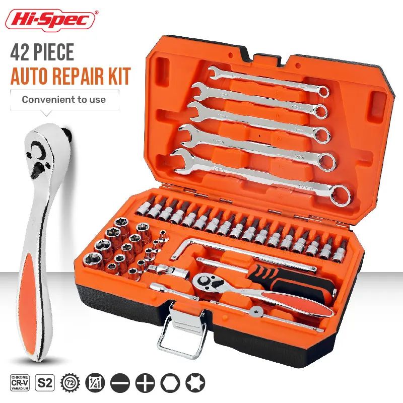 Hi-Spec Hand Tool Set Car Repair Socket Wrench Set auto tool kit Mechanical Tools Box DIY 1/4