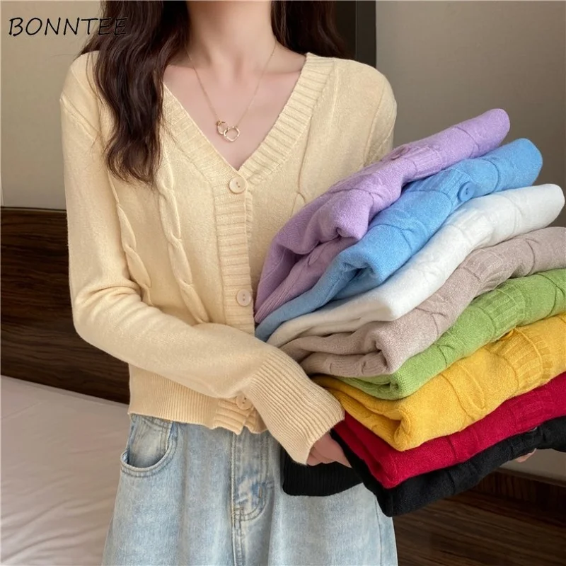 

9 Colors Cardigan Women Cropped V-neck Casual Girlish Basic All-match Fashion Ulzzang Tender Knitted Sweater Sweet Young Mujer