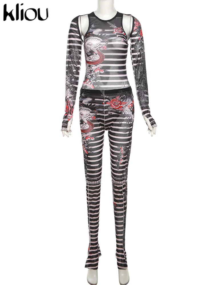 Kliou/Осенняя женская уличная одежда комплект из трех предметов K23S37801 полосатая