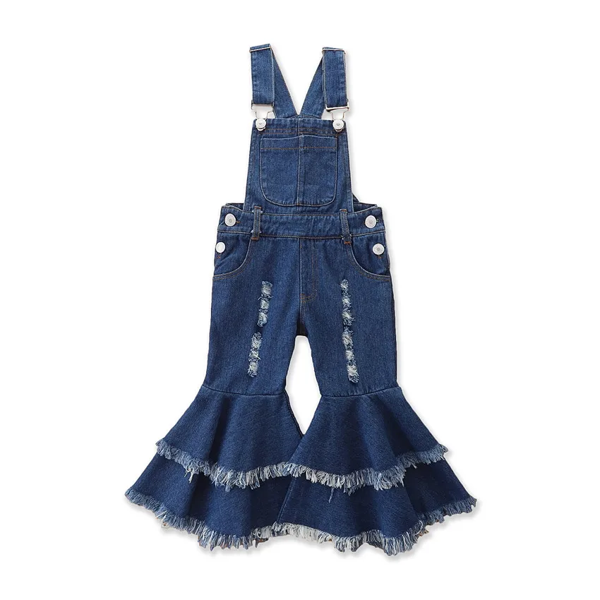 

Girls Suspender Flared Denim Jumpsuit Fashion Full Trousers Blue Solid Sleeveless Overallls With Ruffled Hem Broken Hole Jeans