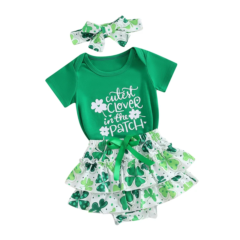 

Newborn Baby Girl St Patricks Day Outfit Infant Short Sleeve Ruffle Irish Clover Shamrock Lucky Charm Shorts Set