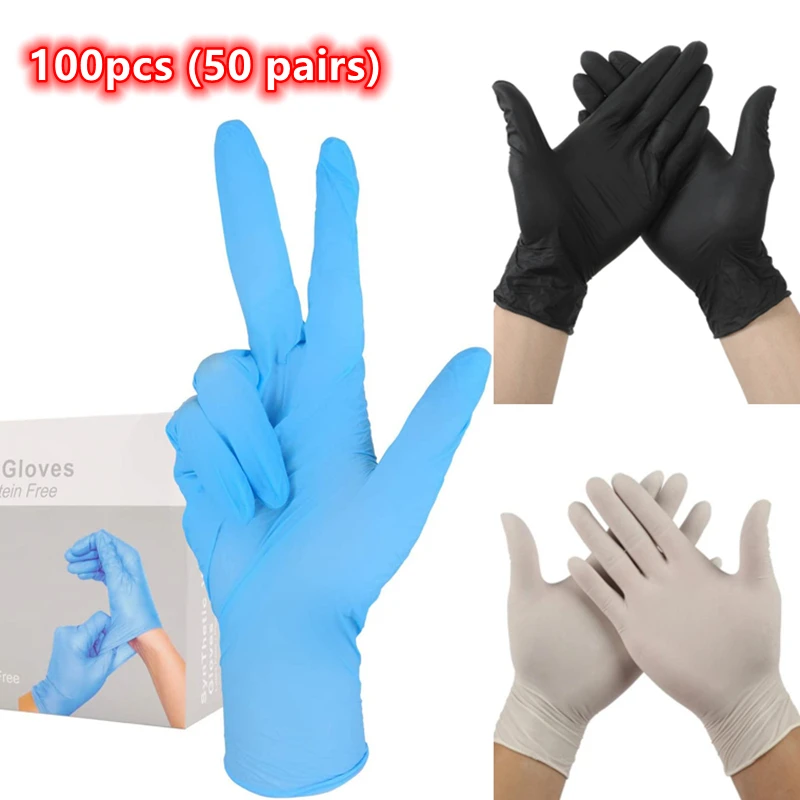 

100pcs White Black Blue Nitrile Gloves Kitchen Disposable PVC Rubber Latex Waterproof Household Laboratory Cleaning Gloves