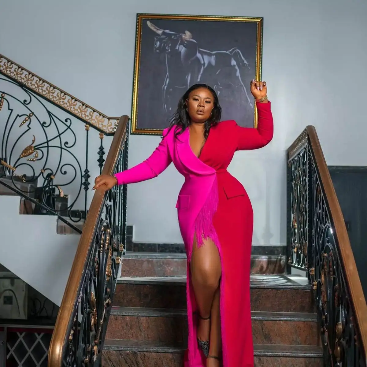 Color Matching Women Dress Lady Customized Plus Size Slim Fit Long Jacket Prom Evening Party Blazer One Piece