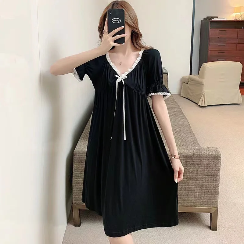 Pajamas women's summer sexy nightdress with chest pad solid color lace edge princess style milk silk nightdress home service