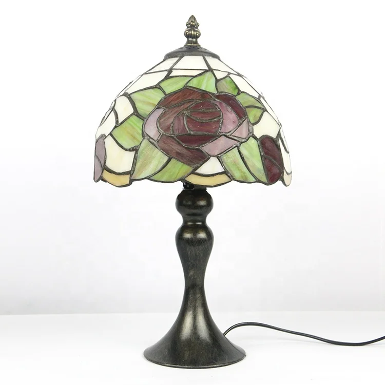 

LongHuiJing Tiffany Light Stained Glass Shade Pink Rose Lamp 8inch Tiffany Style Table Lights 1Bulb Desk Antique Resin Base