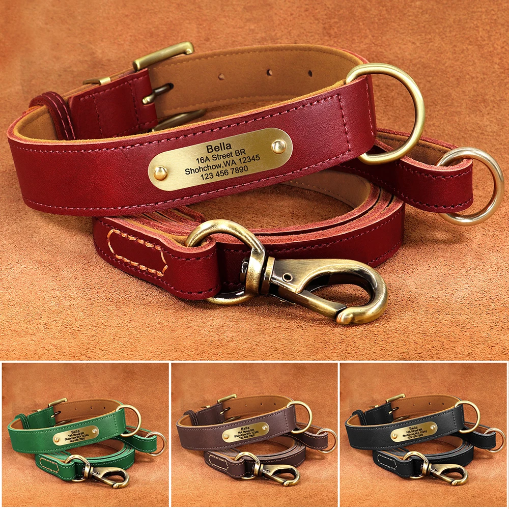 

Personalized Dog Collar Leash Set Real Leather Pet Collars Dogs Walking Lead Rope With ID Tag Name Plate for Small Large Dogs