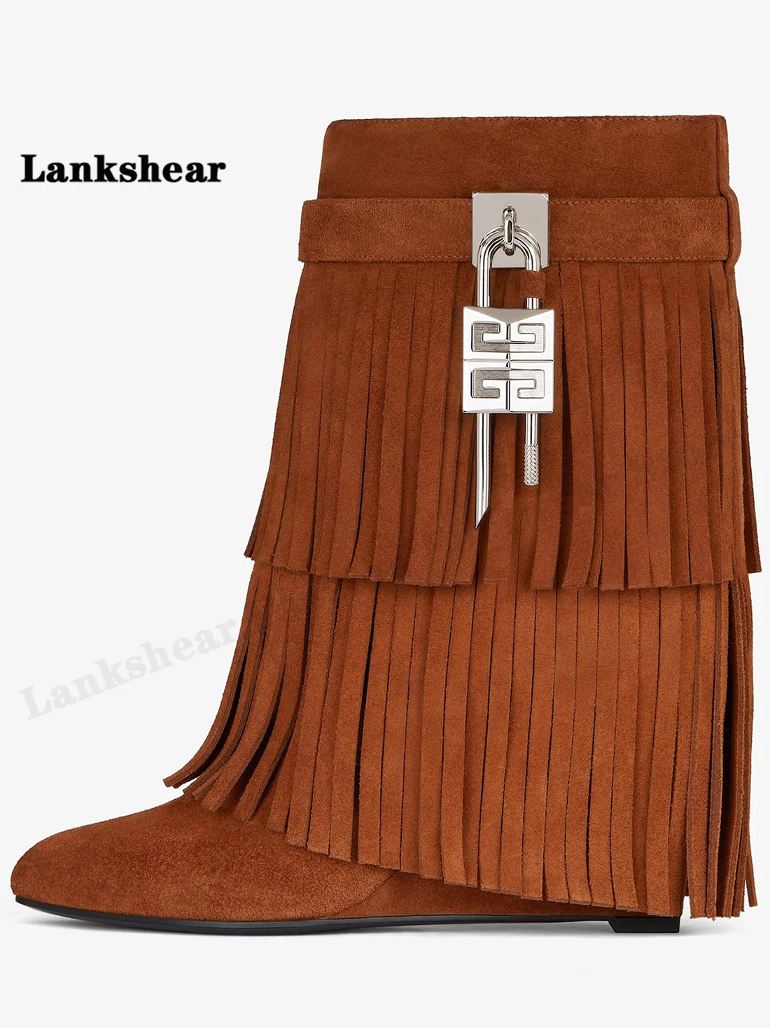 2022 Winter New Round Toe Wedge Heel Woman Boots Thick Bottom Suede Tassel Lock Decoration Large Size Short Boots Tassel Boots