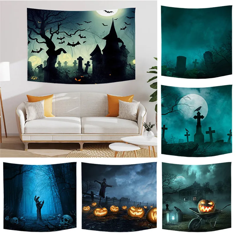 

Happy Halloween Horror Graveyard Pumpkin Jack-O-Lantern Bat Polyester Tapestries Wall Hangings for Party Bedroom Dorm Décor