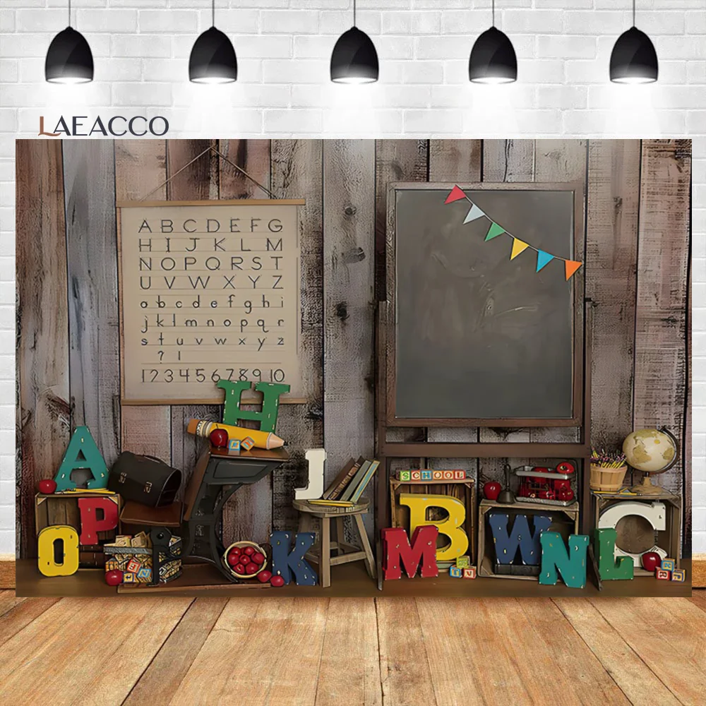 

Laeacco Welcome Back to School Photography Backdrop Black Chalkboard Globe Book Wood Wall Decor Kids Child Portrait Background