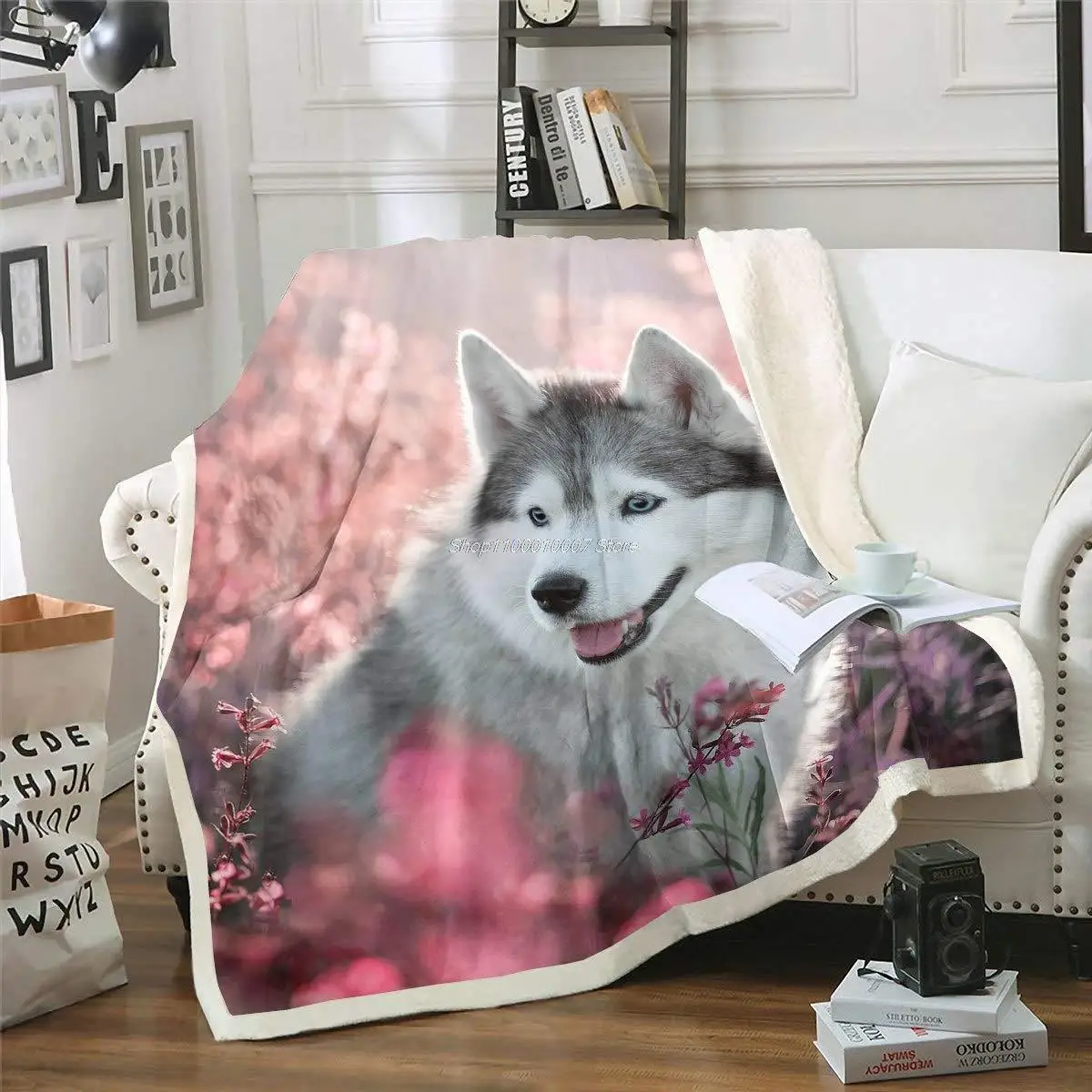 

Feelyou Husky Sherpa Blanket Cute Dog Sakura Fleece Throw Blanket for Kids Girls Cherry Blossom Plush Blanket Botanical Flowers