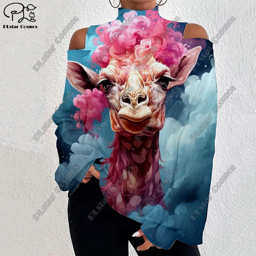 

3D printing animal series giraffe fox cat alpaca pattern women's lantern sleeves off-shoulder texture casual long sleeves