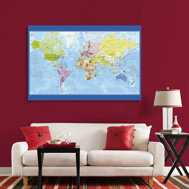 

Political Map of The World In French 150*100cm Wall Art Poster Non-woven Canvas Painting Home Decor Children School Supplies