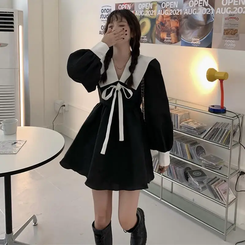 

A GIRLS Black Kawaii Mini Dress Women Long Sleeve Preppy Style Elegant Dresses Sweet Sailor Collar Patchwork Vintage