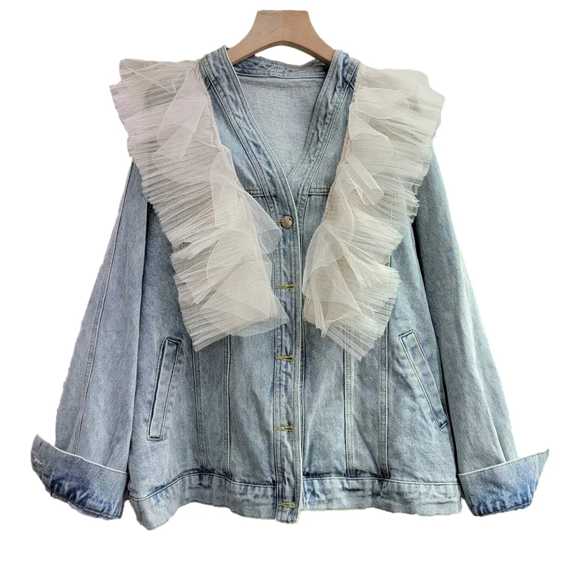 Куртка женская джинсовая с длинным рукавом винтажный синий пиджак из денима