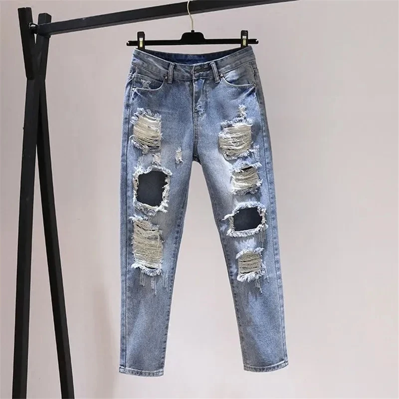 

Fashion Hole Jeans Women Spring Summer New High Waist Denim Pants Loose Straight Nine Points Cowboy Trouser