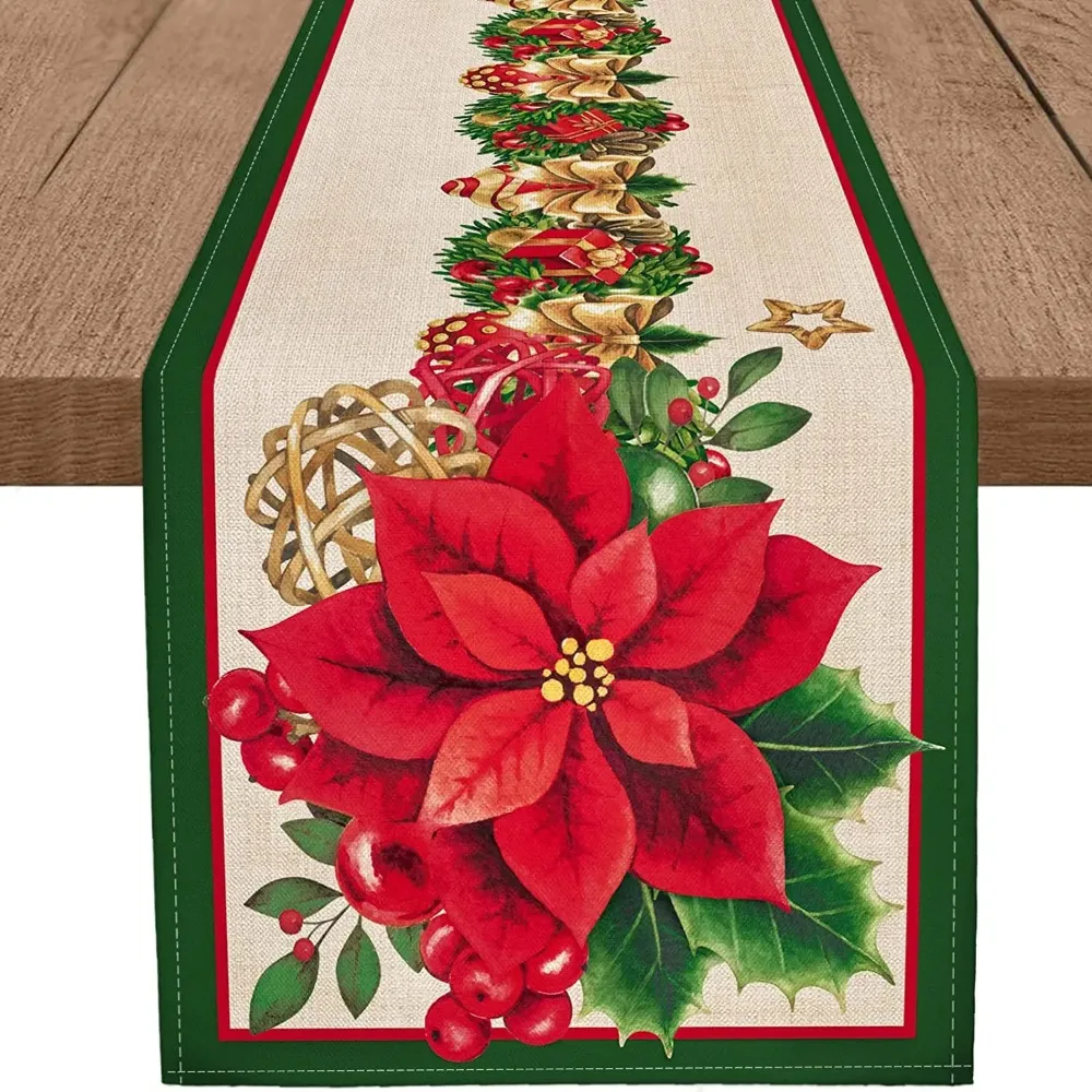 

Льняная дорожка для стола красная