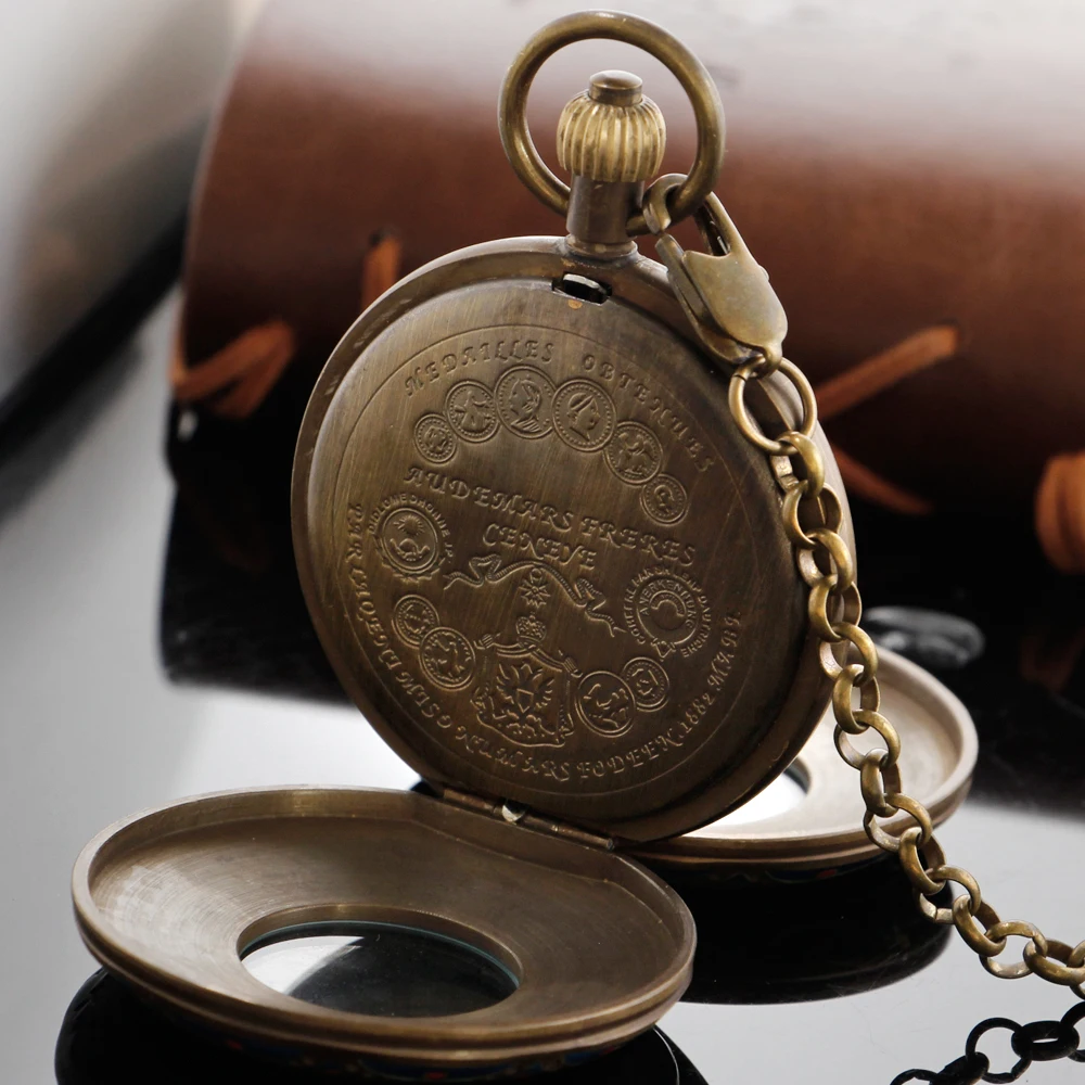 New Luxury Blue Pattern Mechanical Pocket Watch Retro Hollowed-Out Case Simulated Skeleton Flywheel Mens Mechanical Pocket Watch