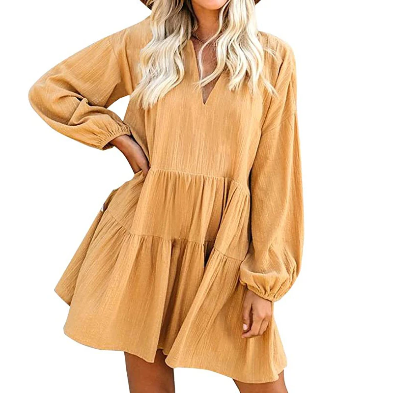 

Women’s Cute Shift Dress with Pockets Fully Lined Bell Sleeve Ruffle Hem V Neck Loose Swing Tunic Mini Dress