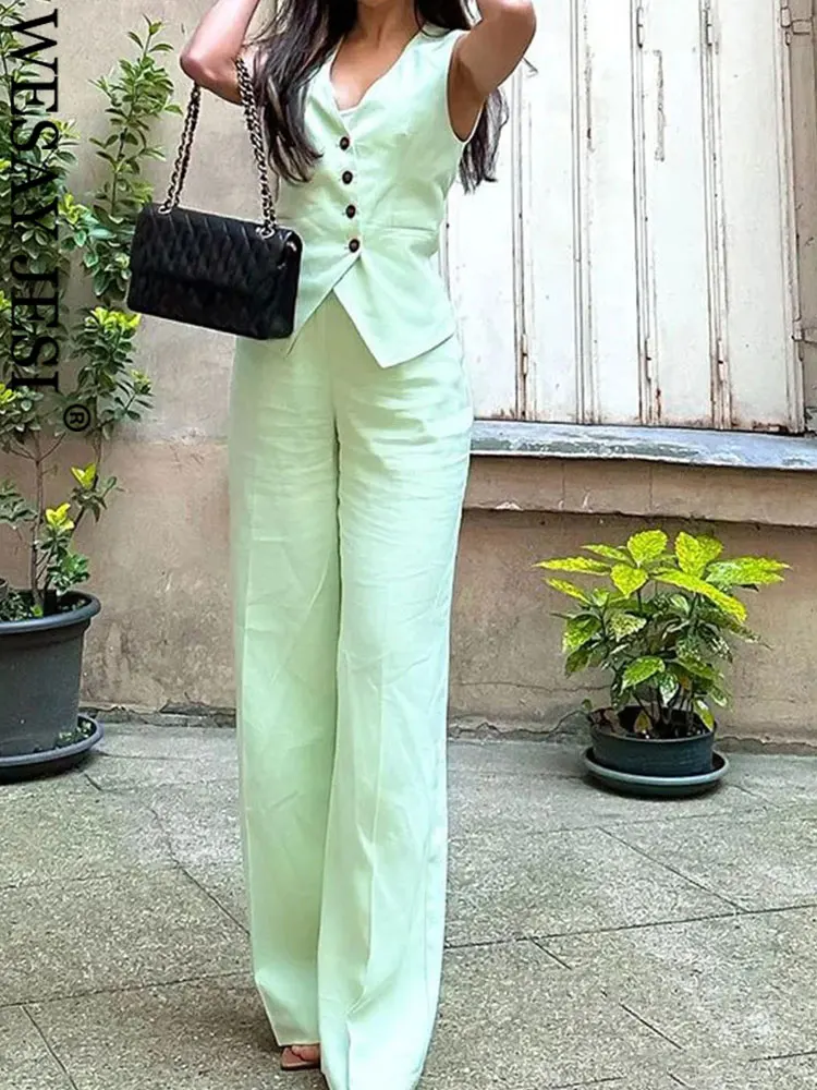 

WESAY JESI TRAF Women Office 2 Pieces Sets Chic V-Neck Sleeveless Button Vest Outfit High Waist Wide Elegant Trousers Suit