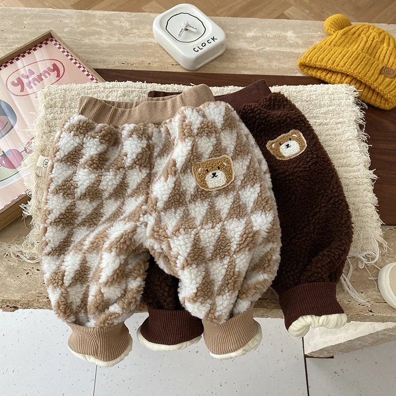 

Winter Kids Sweatpants Boys Bear Plaid Berber Fleece Pants Girls Warm Thicken Trousers