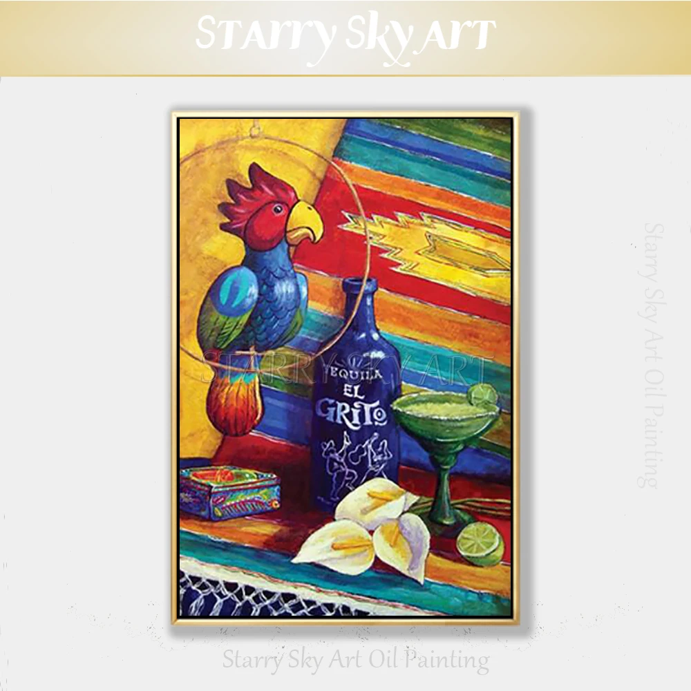 

Excellent Painter Hand-painted Animal Parrot Oil Painting on Canvas Lovely Wall Art Cute Bird Parrot and Wine Acrylic Painting