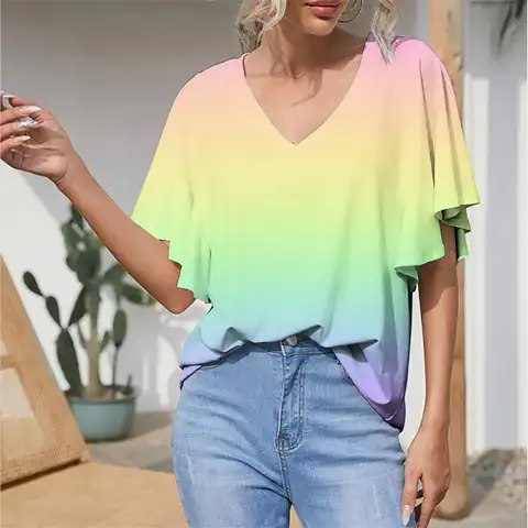 Summer T-shirt Women 3D Floral Print V-neck Short Sleeve Top Fashion Everyday Harajuku T Shirt Plus Size Tee Women's Y2k Clothes